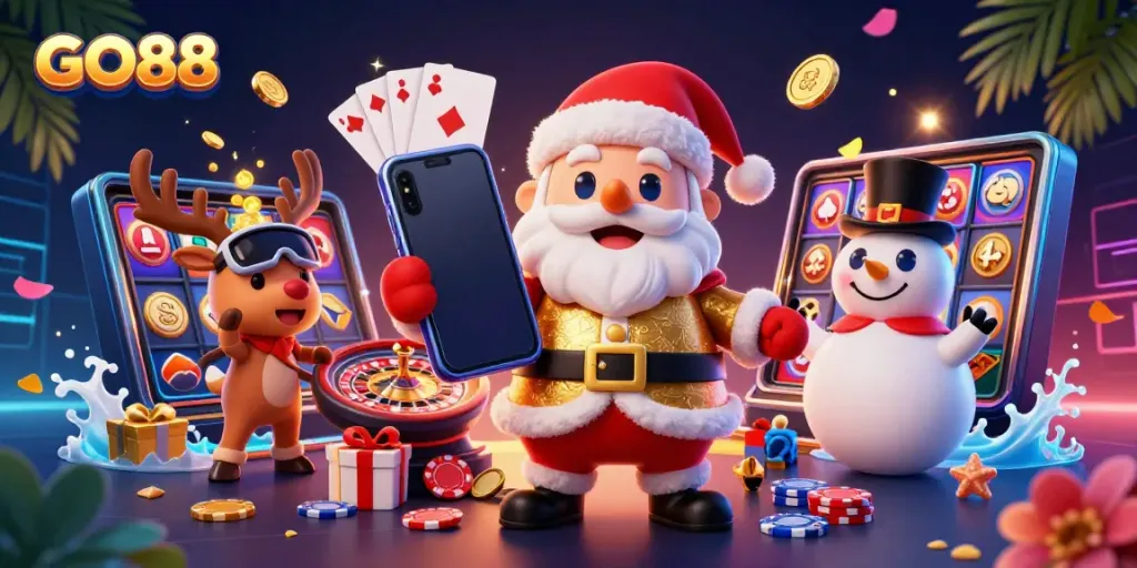 Experience excitement at GO88 with Santa and friends celebrating jackpots in a vibrant casino scene.