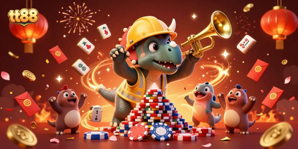 Celebrate wins with tt88 inside a vibrant 3D casino scene featuring joyful dinosaur characters.