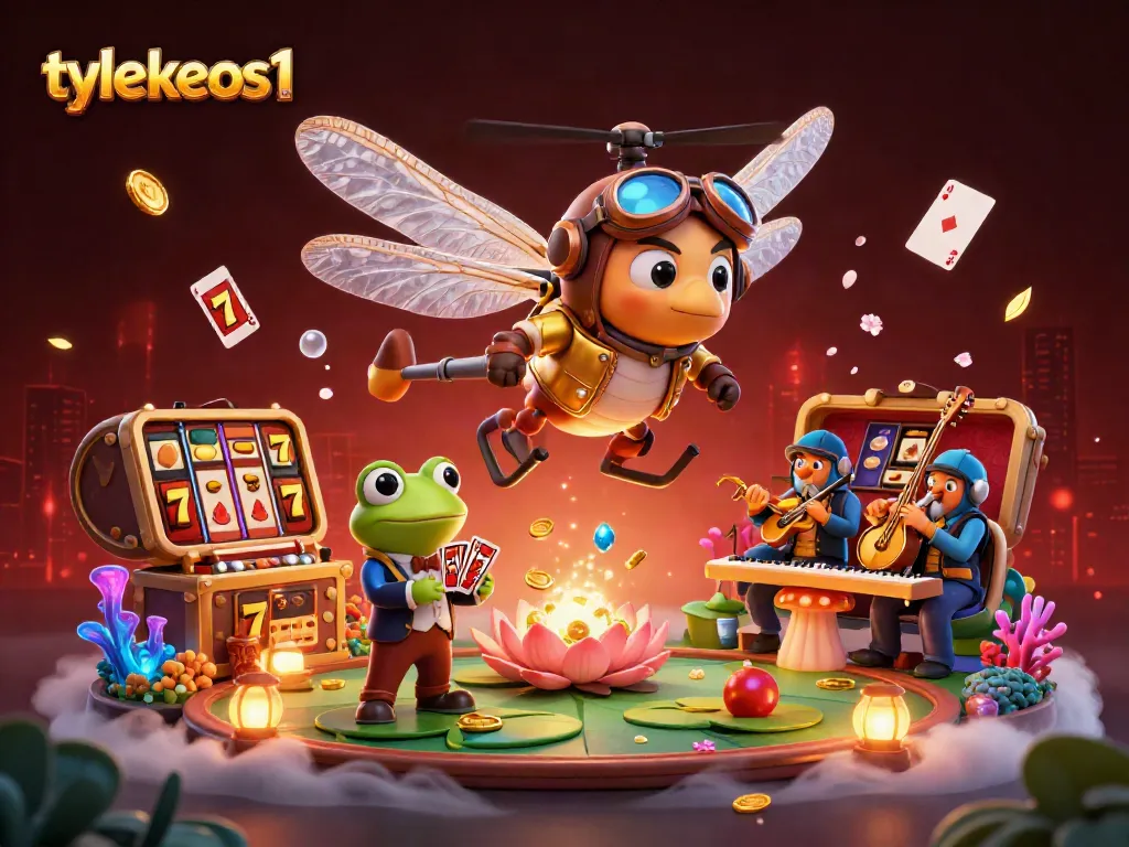 Engage with tylekeos1 in this vibrant 3D casino scene featuring a vibrant dragonfly pilot and lively gaming elements.
