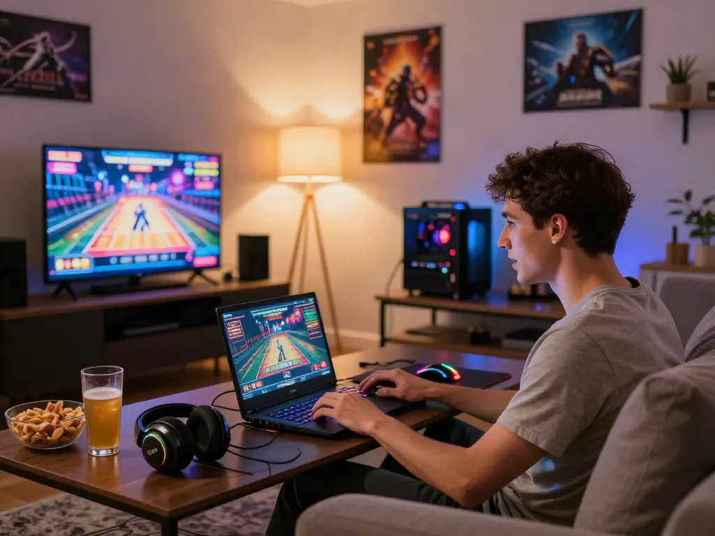 Engaging online gaming experience on https://nbet.page/ in a cozy living room setting with snacks and vibrant visuals.