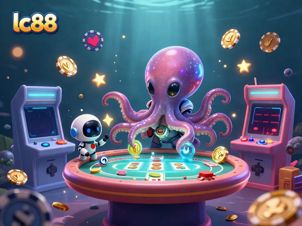 Experience the thrilling lc88 gaming action with an alien octopus at a holographic poker table.