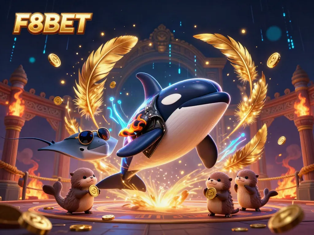 F8BET features a lively 3D scene with an orca, stingray, and otters celebrating wins with golden coins.