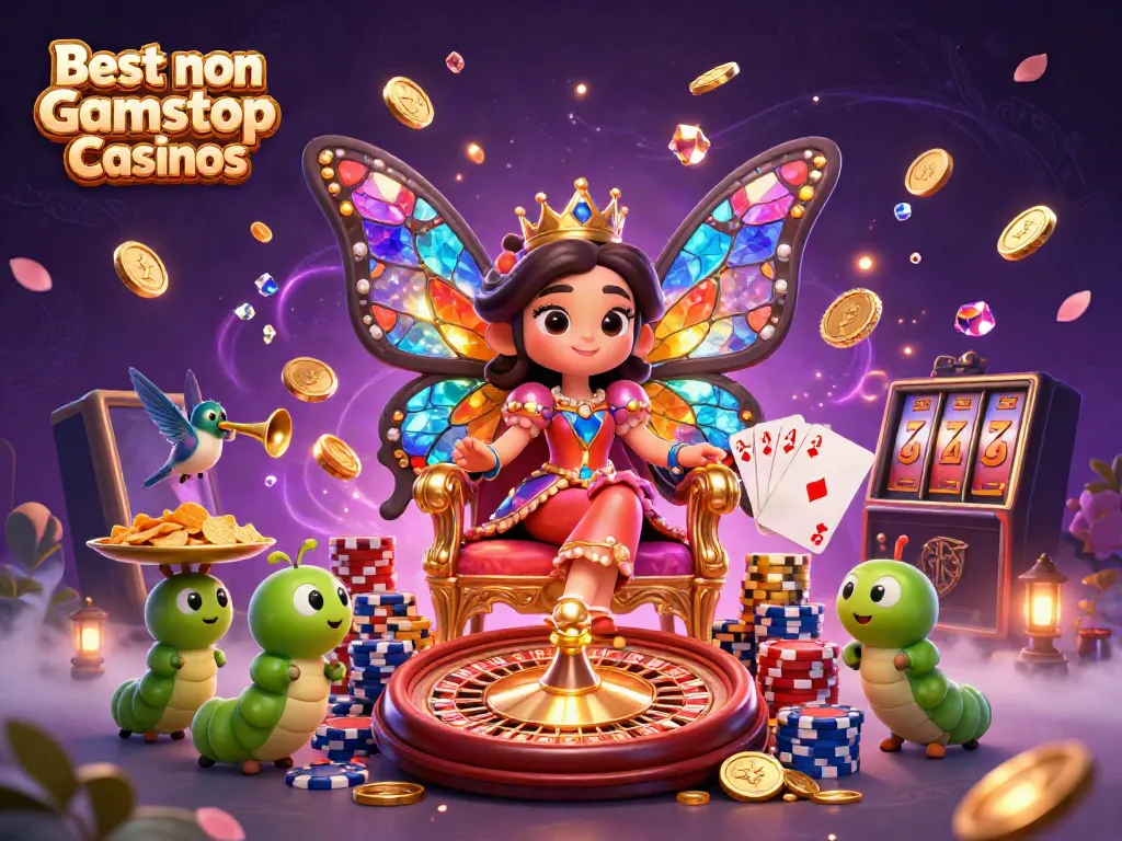 Experience the excitement of the Best non Gamstop Casinos with a vibrant scene of a butterfly queen amidst lavish casino symbols.
