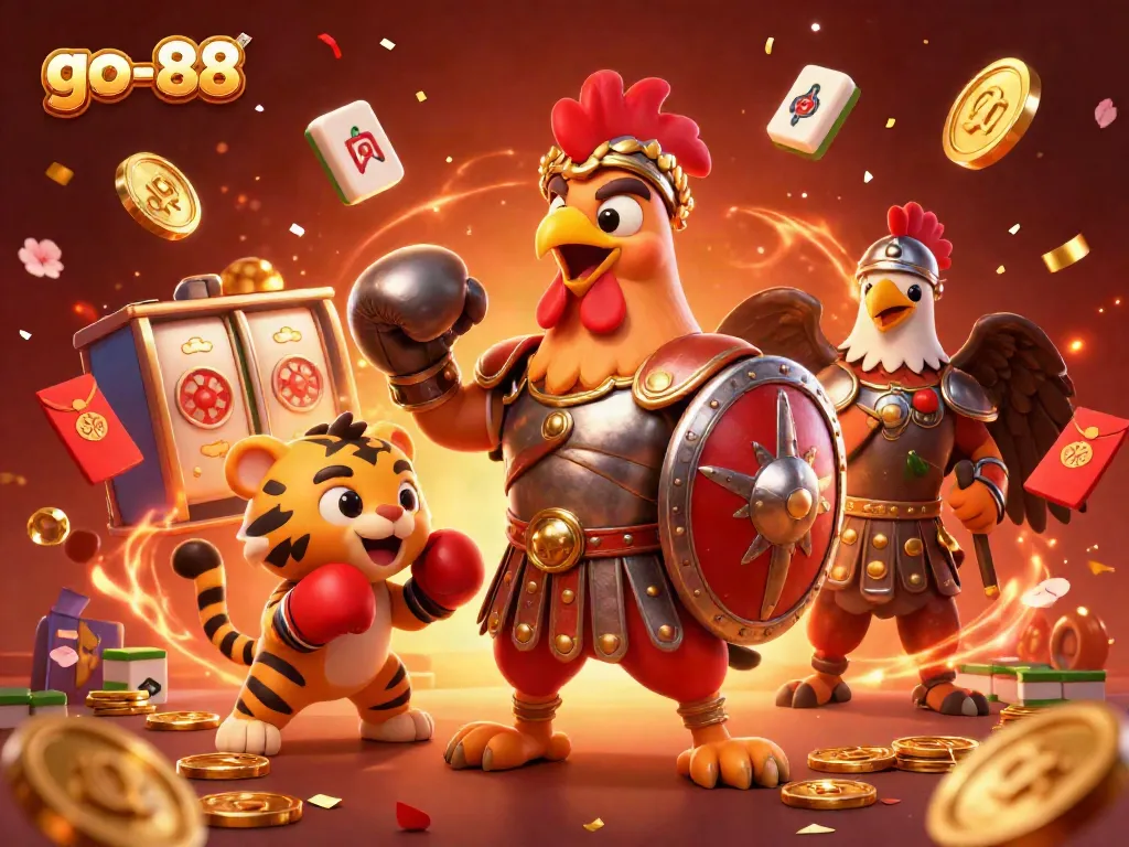 Experience the excitement of go-88 casino with a vibrant illustration of a rooster hero surrounded by slot reels and fireworks.