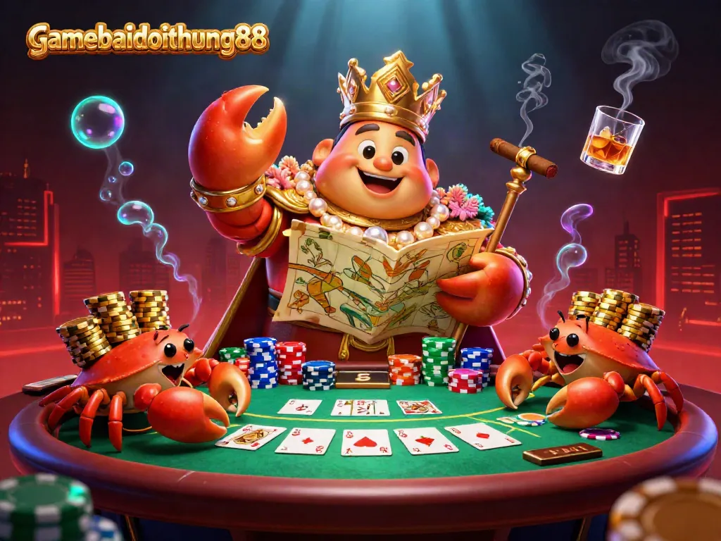 Experience gamebaidoithuong88's festive casino atmosphere with a vibrant, golden crab emperor ruling the poker table.