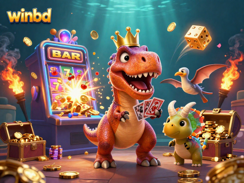 Winbd's vibrant 3D T-Rex and friends enjoy slots, capturing the excitement of gambling fun.