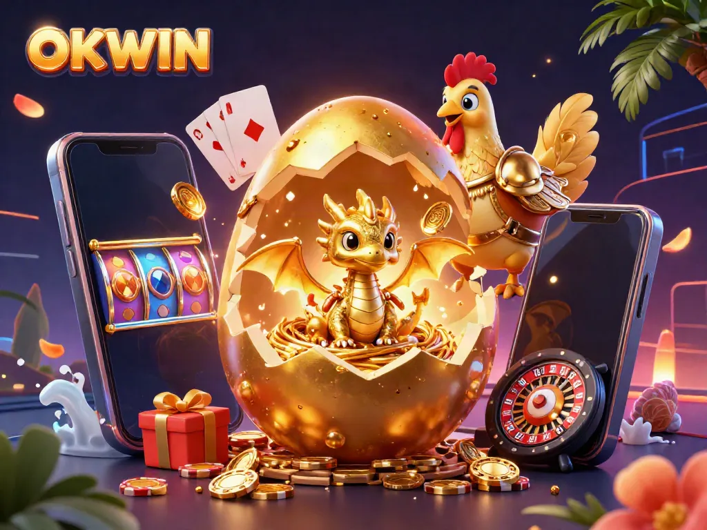 Experience winning thrills at OKWIN with a golden dragon and poker chips illustration.
