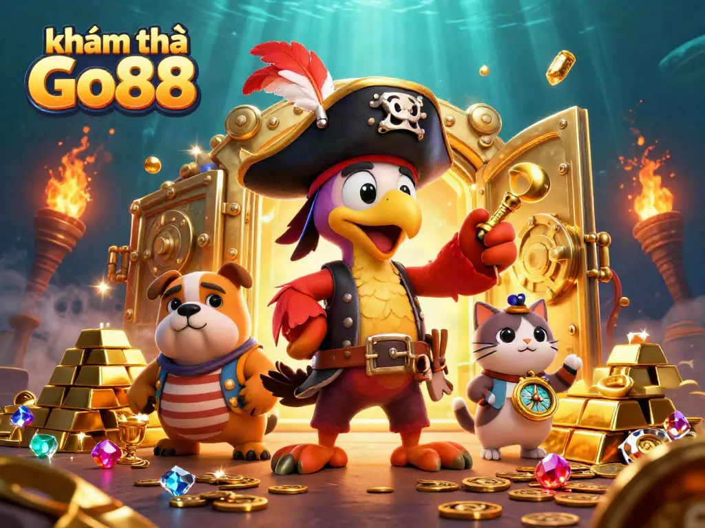 Engage in dazzling adventures while khám phá Go88 with the lively casino-themed 3D illustration.