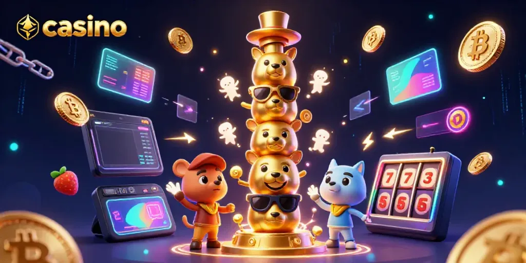 Experience the thrill of a casino with a vibrant 3D cartoon scene showcasing iconic gaming elements.