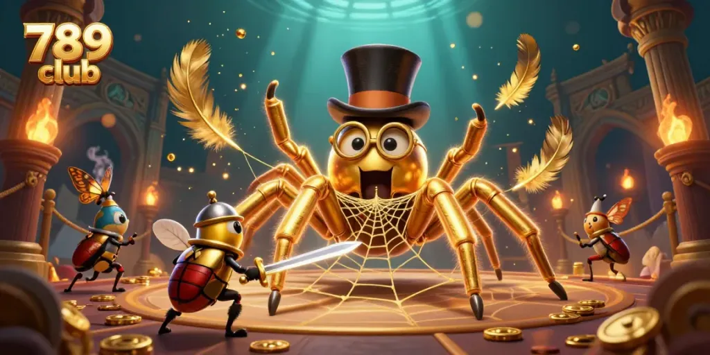 Experience the excitement of 789 club with a golden tarantula weaving its web in a vibrant casino scene.