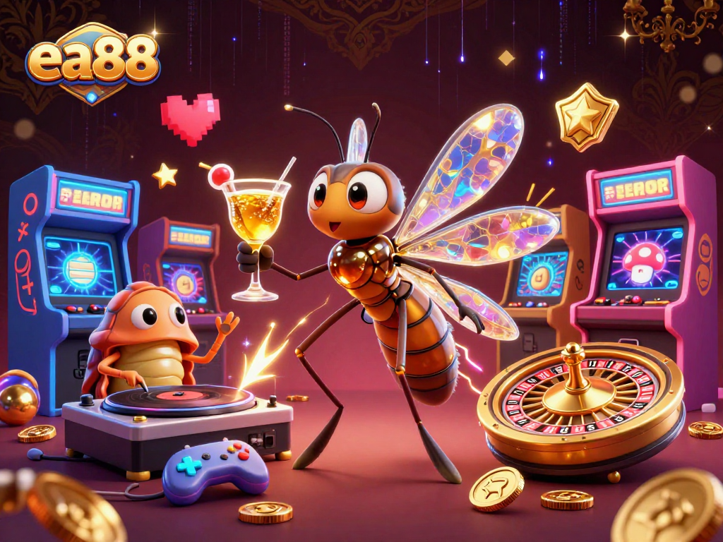 Engage with ea88's vibrant casino experience featuring a whimsical mosquito mascot, trilobite DJ, and golden roulette wheel.