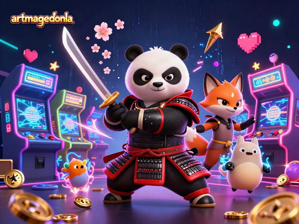 Engage with artmageddonla's vibrant casino world, featuring a samurai panda and ninja fox in a magical setting.