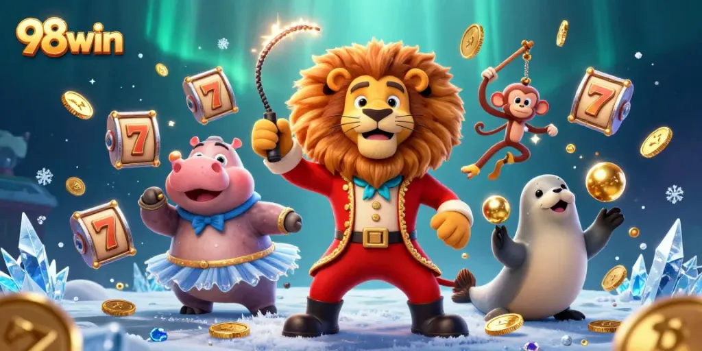 Win big with 98win in this vibrant casino scene featuring festive characters and dynamic slots.