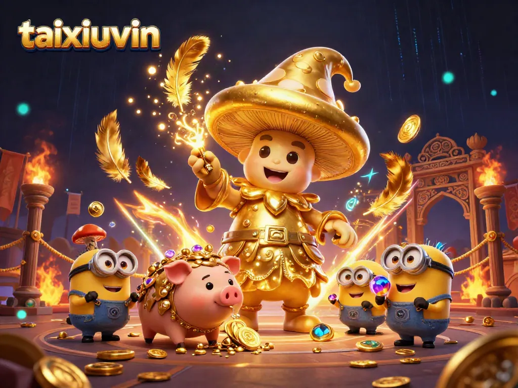 Experience the thrill of taixiuvin as golden mushroom characters unveil treasure in a magical casino scene.