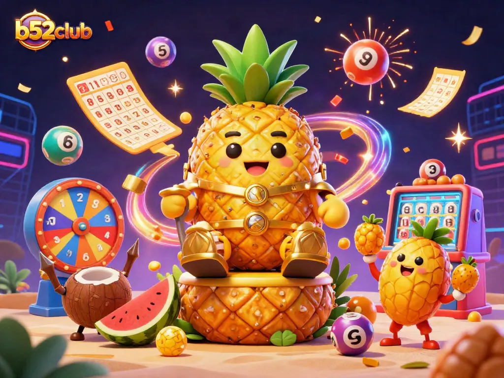 Engage with the dynamic b52club casino adventure featuring a golden pineapple king and festive gaming elements.