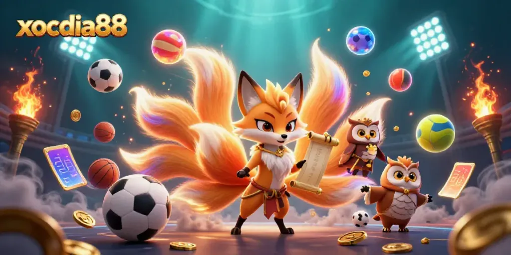 Engage with xocdia88's dynamic gaming scene filled with colorful characters and sports elements.