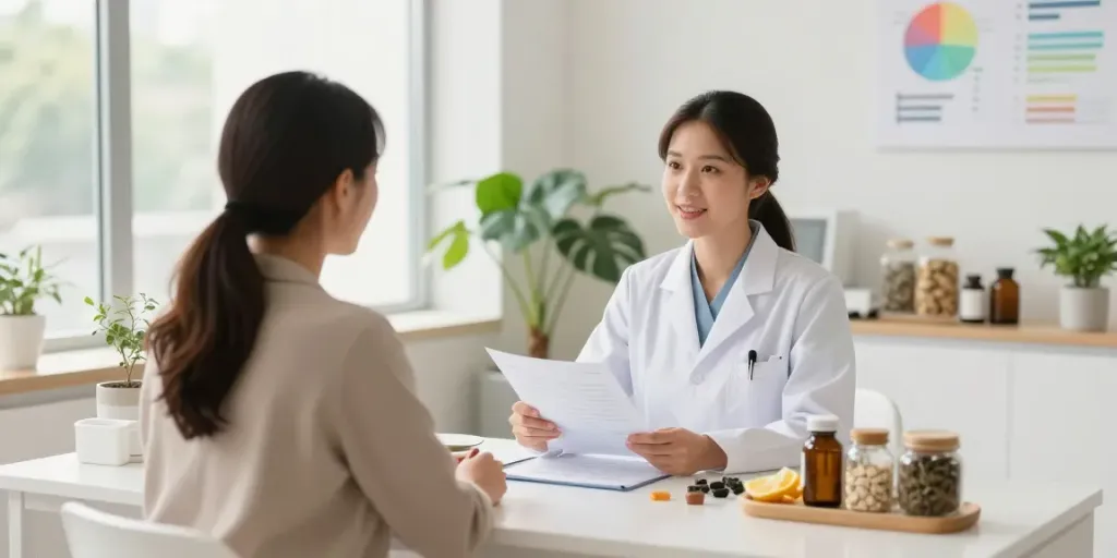 Nutritionist Surrey consulting with a client in a welcoming wellness clinic environment.
