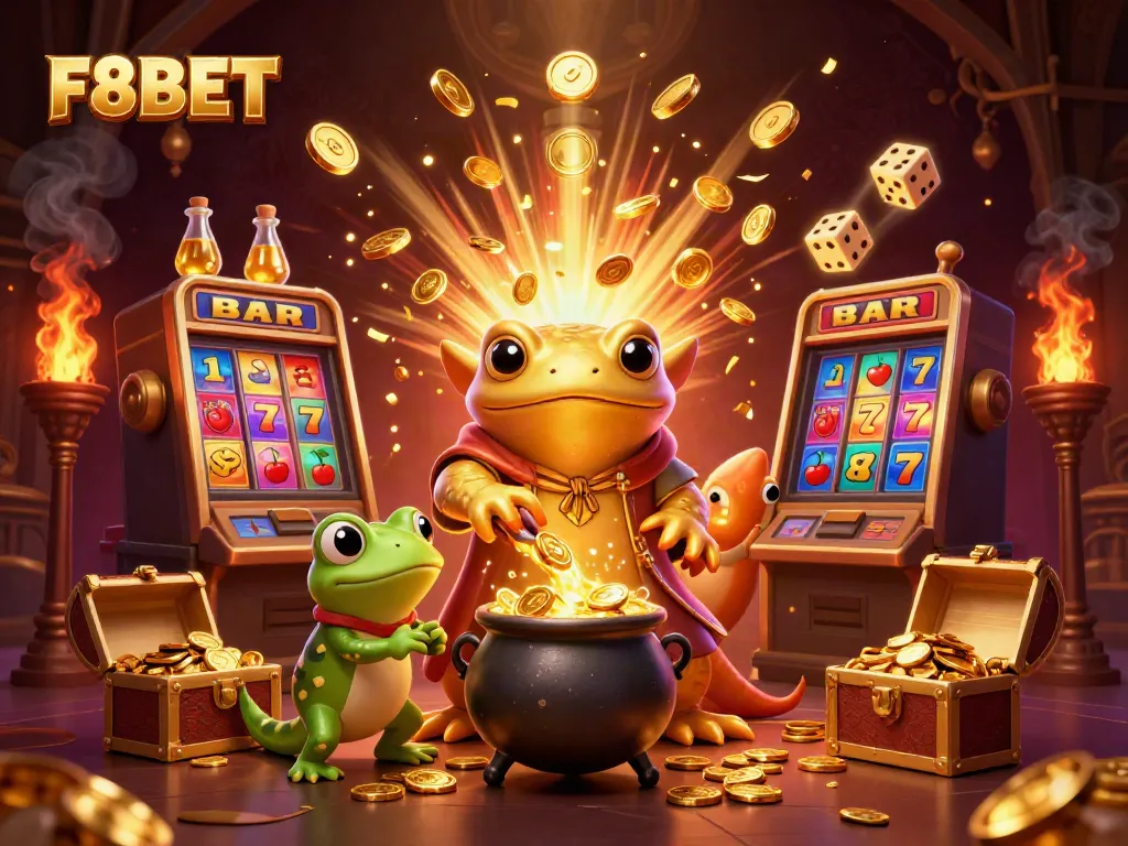 Experience the exhilarating world of F8BET with a vibrant 3D casino illustration of magical characters and games.