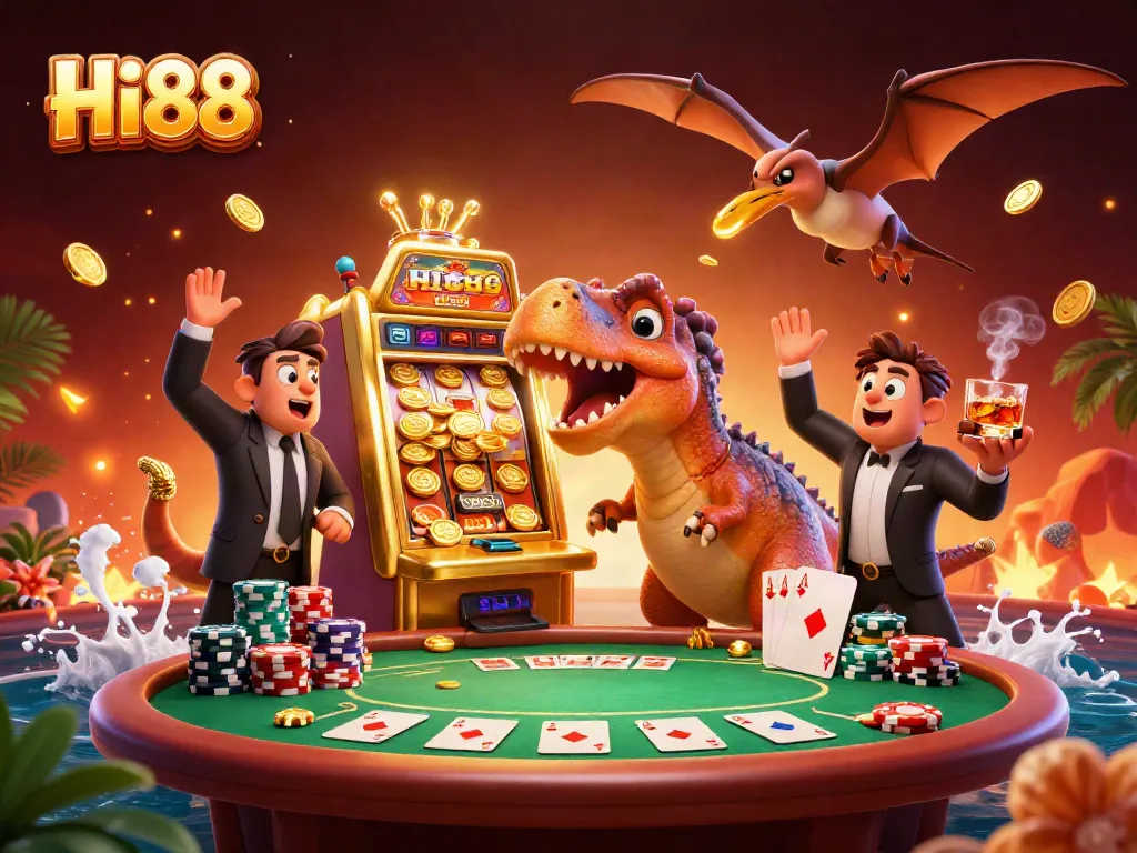 Hi88 captures excitement as a pachycephalosaurus hits a golden slot machine for jackpot coins.
