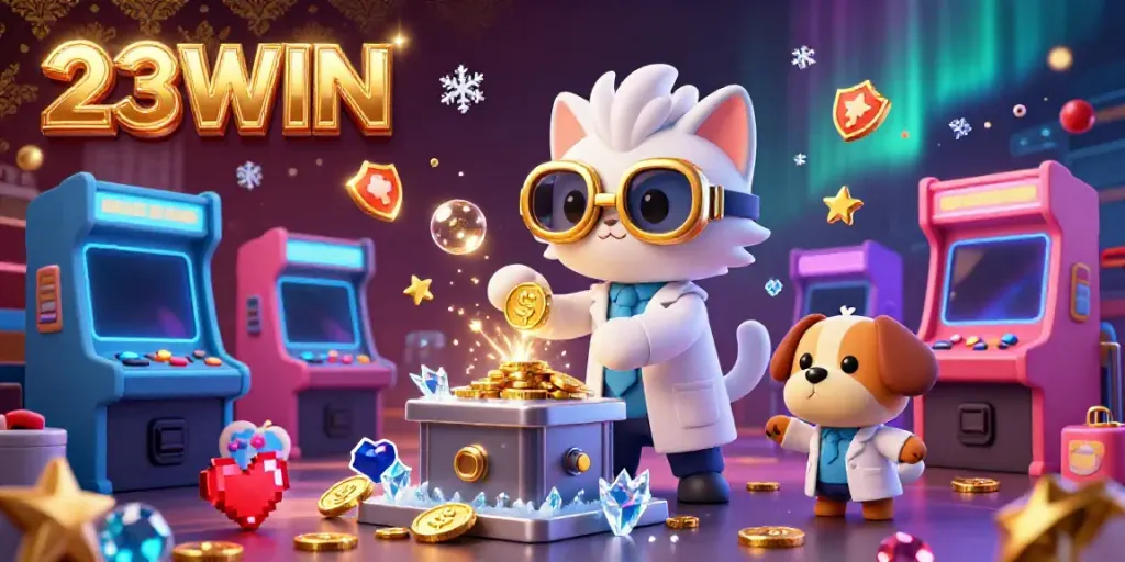 Engage with the vibrant 23WIN casino world featuring cartoon characters in a lively lab scene.