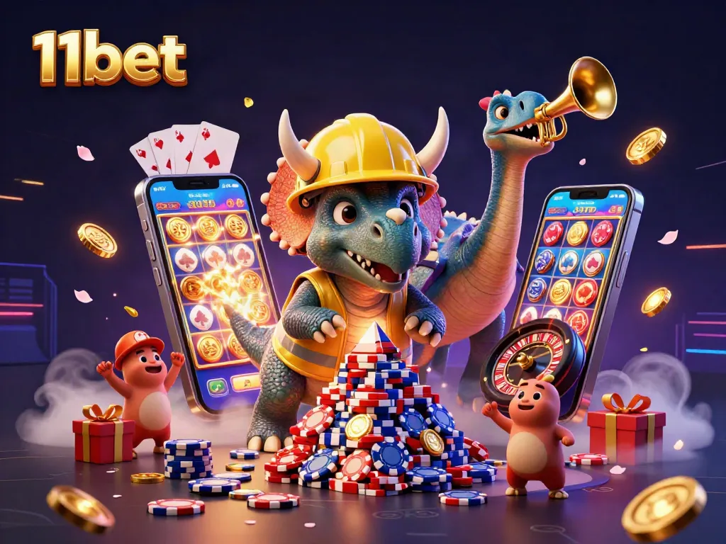 Experience the excitement of 11bet with a dynamic 3D illustration featuring playful characters in a vibrant casino setting.