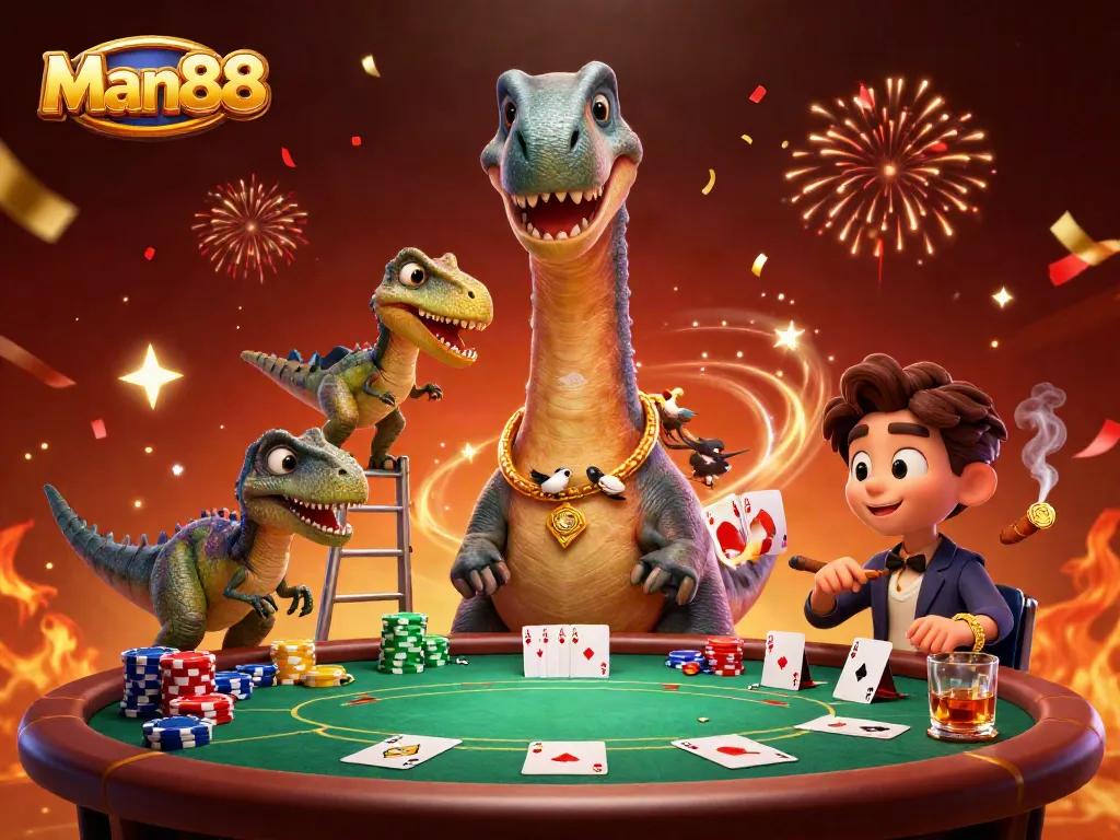 Experience thrilling card games at Man88 with a towering brontosaurus dealer and festive atmosphere.
