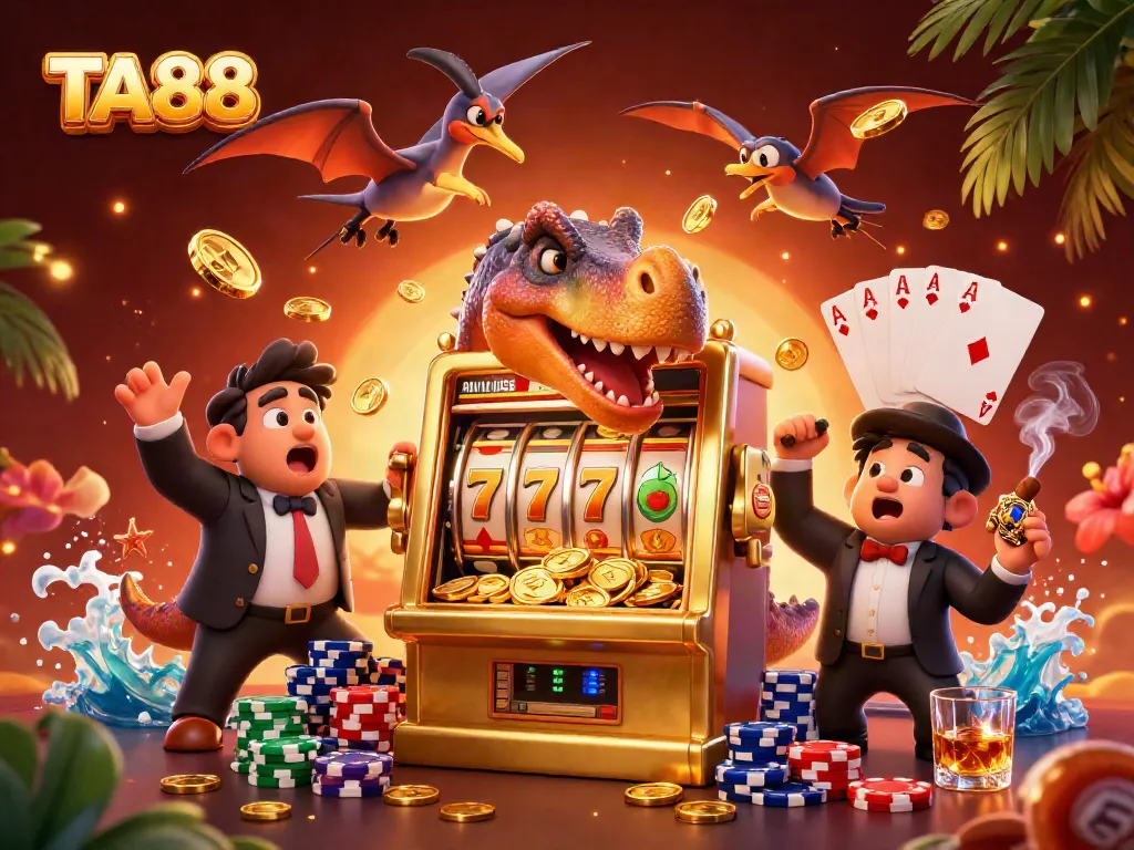 TA88 reels spin as dinosaurs and golden coins collide in a vibrant casino scene