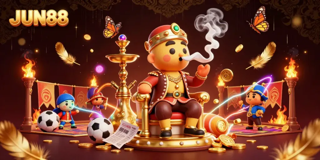 Engage in thrilling sports betting at JUN88 with elaborate casino scenes showcasing dynamic characters, vibrant energy, and golden themes.