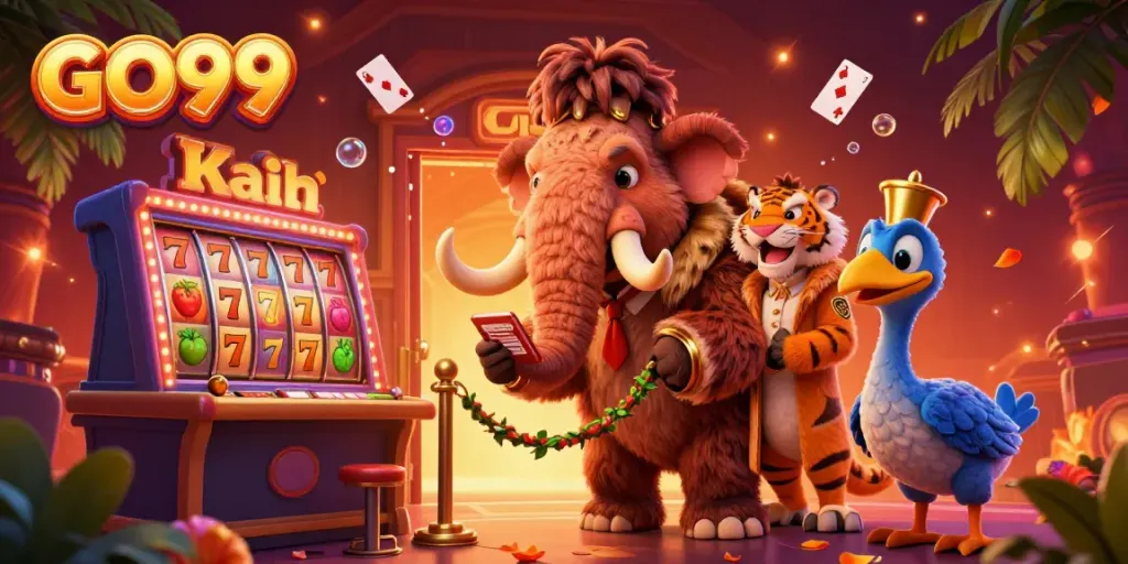 Experience GO99 thrills at the casino with a vibrant 3D illustration of inviting characters and dynamic game elements.
