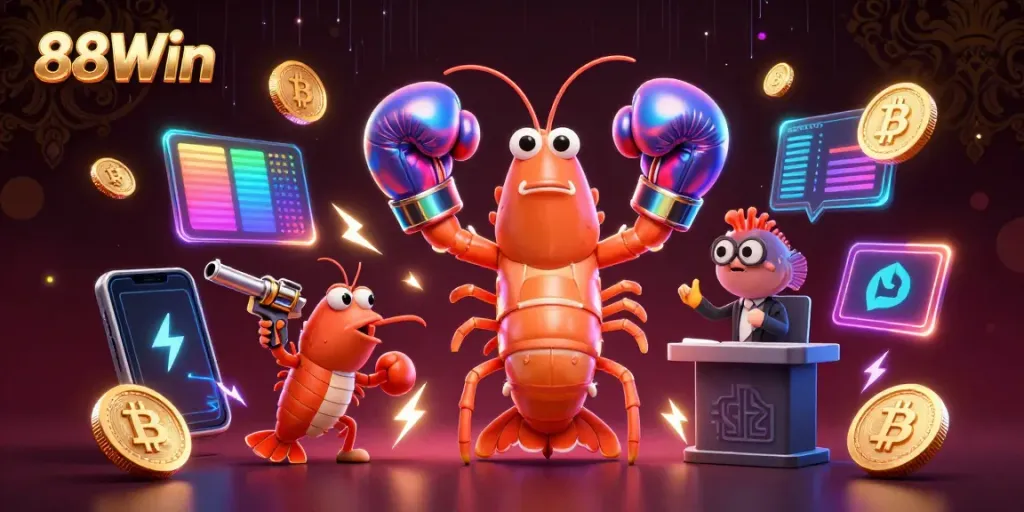 Engage with 88Win's vibrant casino scene showcasing animated shrimp characters amidst neon crypto elements.