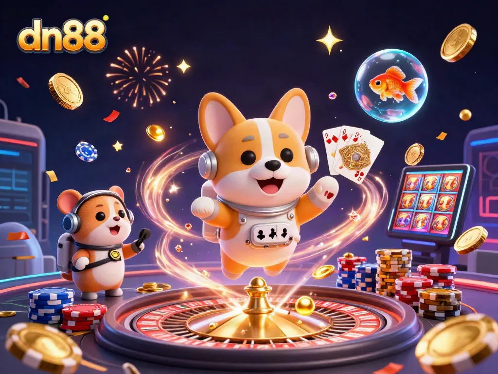 Experience exciting gaming moments at dn88 with floating casino elements and vibrant characters.