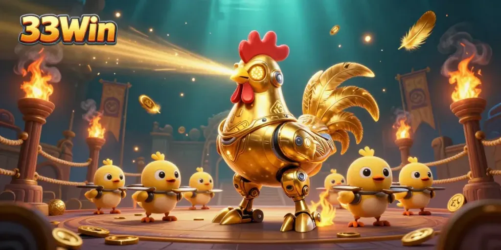 Experience the thrill of winning with 33Win's golden rooster robot and baby chick drones in an exciting 3D casino combat scene.