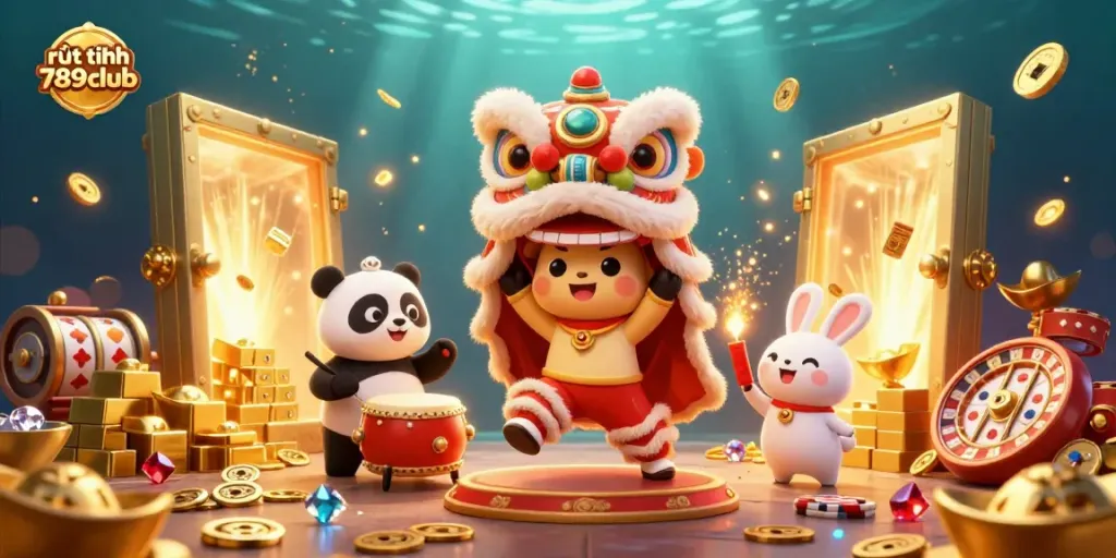 Win fast with rút tiền 789club using a vibrant, festive illustration featuring gaming symbols and characters.