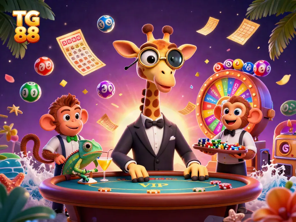 Experience the excitement of TG 88 with a high-roller giraffe at a vibrant casino scene, featuring dynamic lottery elements.