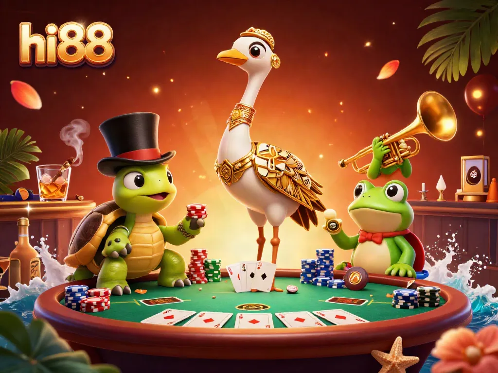 hi88 showcases a vibrant casino scene with a turtle and frog amidst poker action at a speakeasy.