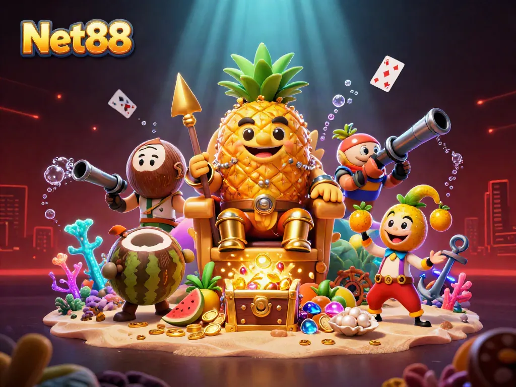 Bet on Net88's exciting gaming experiences with a 3D casino scene featuring vibrant characters.