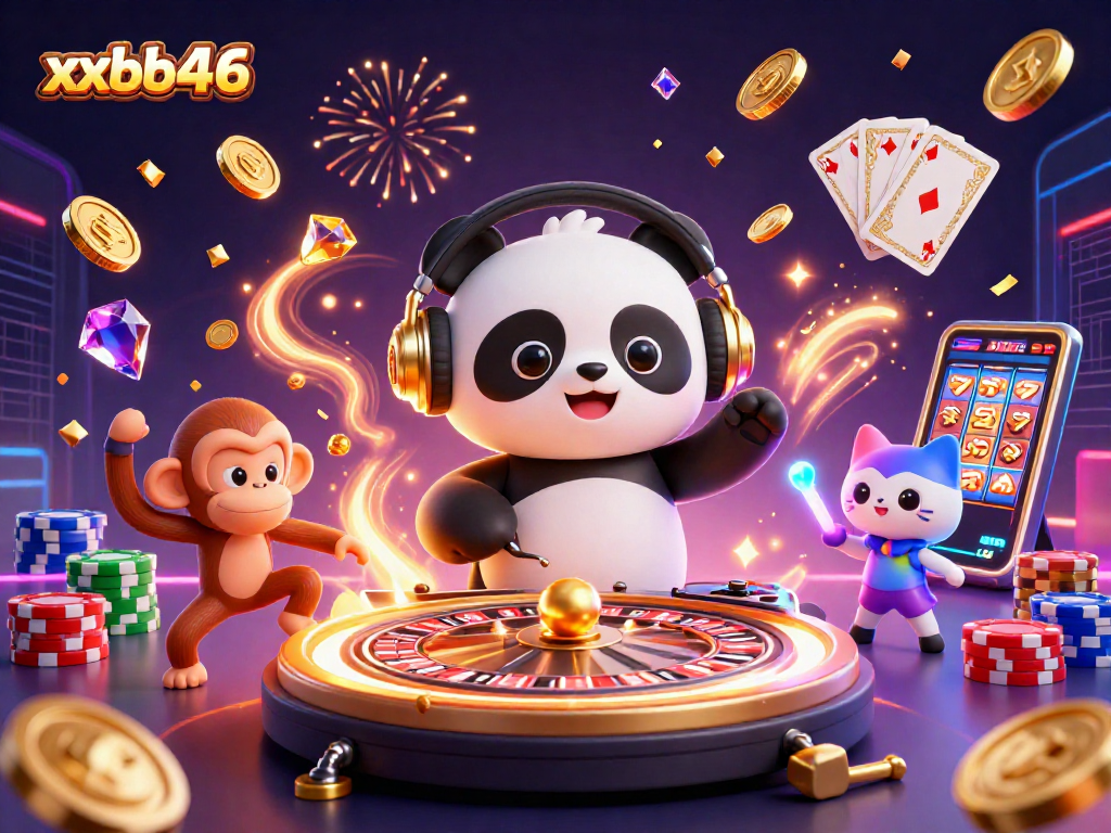 Experience the fun of xxbb446 with a lively 3D casino scene featuring a DJ panda and vibrant animations.