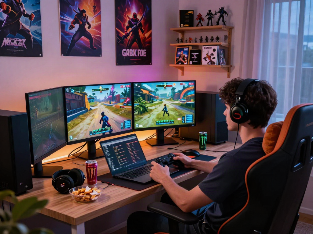 Engaging scene of a gamer playing real porn games in a cozy bedroom with ambient lighting.
