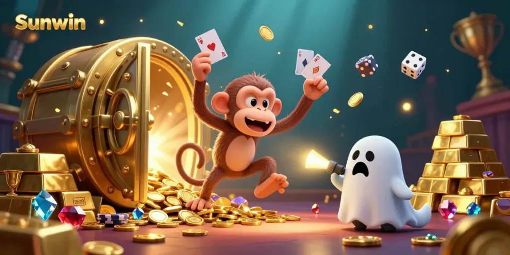 Sunwin-themed illustration showing a playful monkey and curious puppy exploring a lively haunted casino.