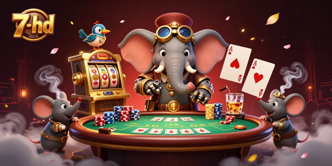 Spin the golden slot machine at 7-hd with a steampunk elephant engineer and colorful gaming elements.