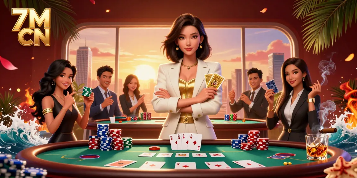 Experience thrilling gambling action with 7M CN, showcasing elegant Asian businesswoman holding poker cards amidst vibrant casino elements.