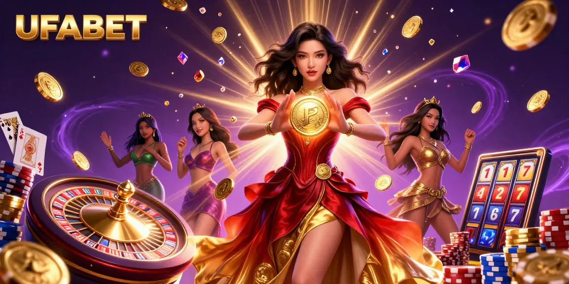 Experience thrilling slots and gaming at UFABET with a stunning illustration featuring dynamic casino elements.