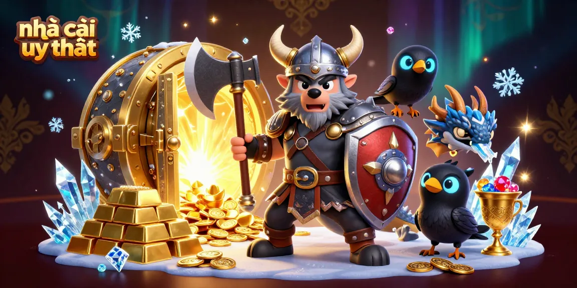 Engage with nhà cái uy tín in a vibrant 3D casino adventure featuring a valiant wolf warrior and treasures.