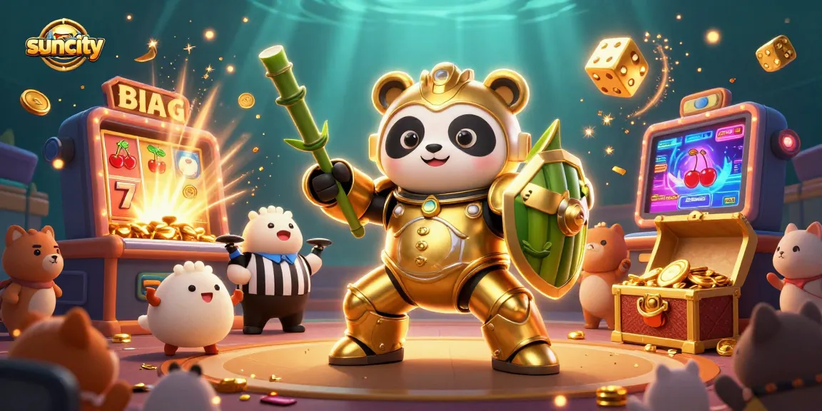 Suncity features a golden panda in a mech-suit amidst a vibrant, dynamic casino scene with slot machines and confetti.