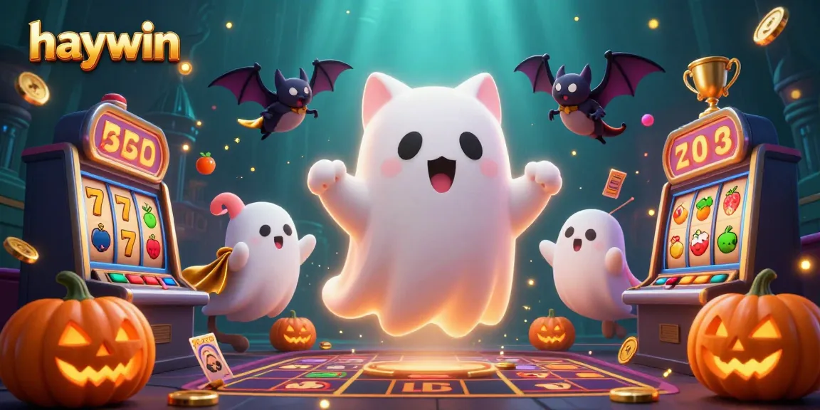 Experience thrilling gaming at haywin's haunted casino with a ghost cat and vampire bat.