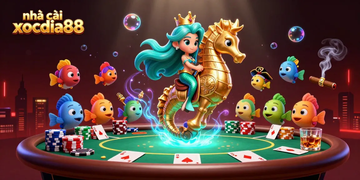 Experience the vibrant world of nhà cái xocdia88 with a dynamic gaming scene featuring playful mermaid characters and poker elements.