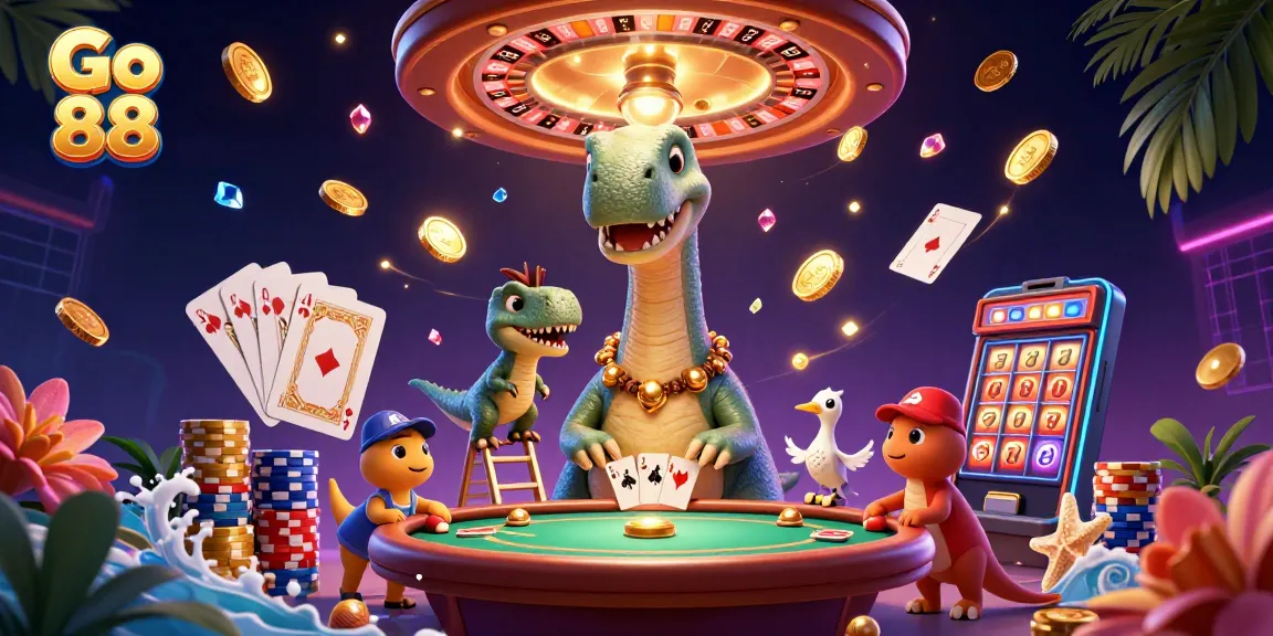 Join the excitement at Go 88 as the playful brontosaurus and clever raptor deal cards amidst dazzling casino elements.