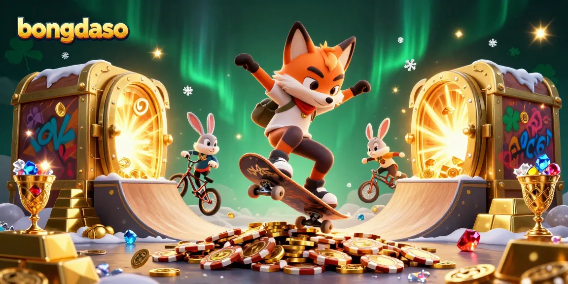 Bongdaso showcases a vibrant casino scene with a fox and rabbit amidst golden treasures.