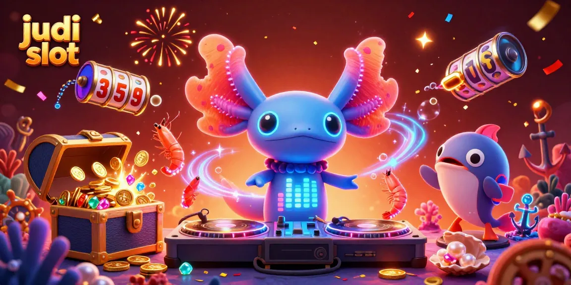 Experience judi slot excitement with vibrant axolotl DJ and treasure-filled underwater scene.