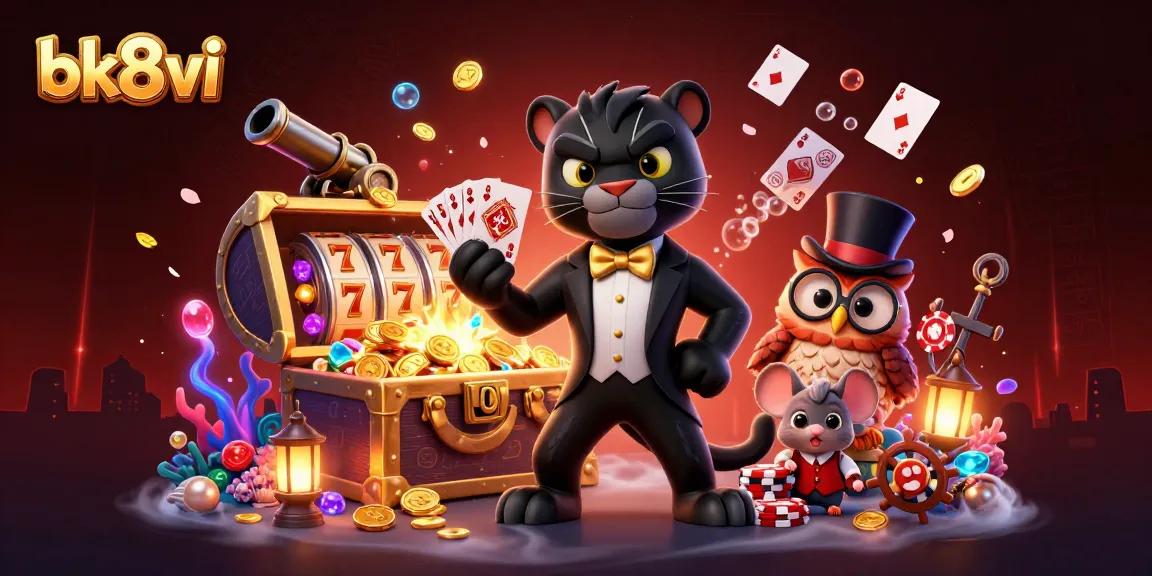 Spin the reels at bk8vi with the stylish black panther dealer and lucky companions in this vibrant casino scene.